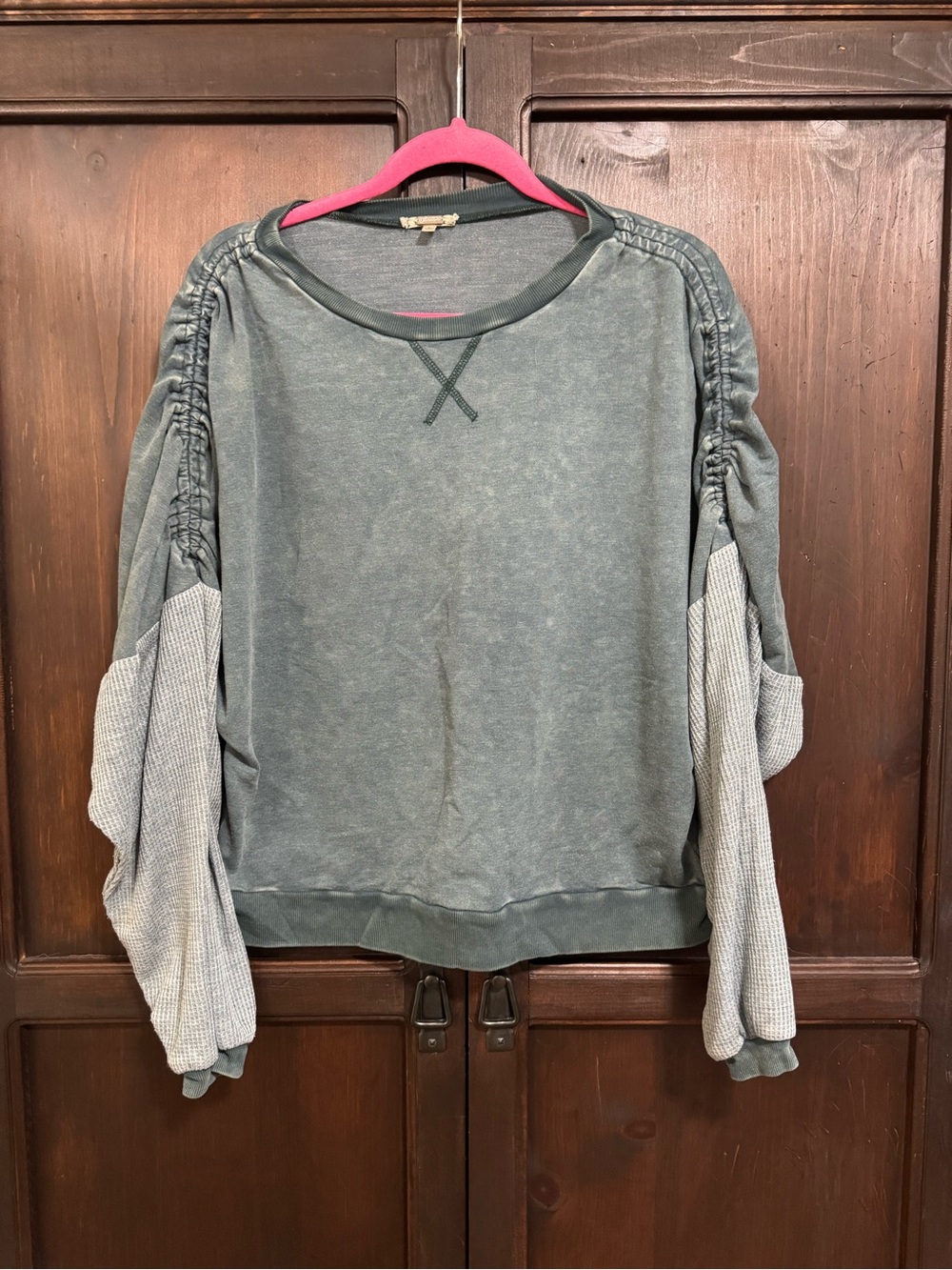 Gimmicks by BKE Washed Teal Pullover with Waffle-Sleeve Detail the Buckle